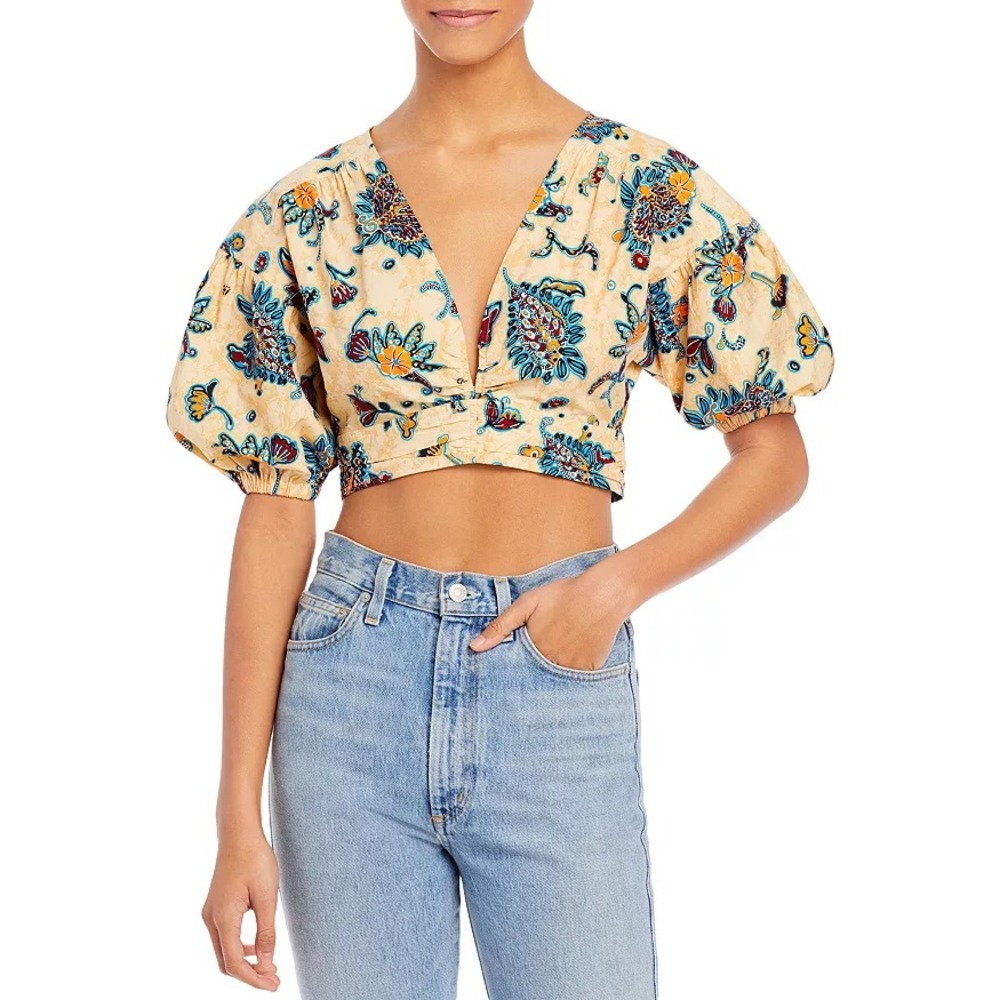 A.L.C Rylan Printed Puff Sleeve Crop Top Size 6 Floral Cotton Poplin NWT Blouse
